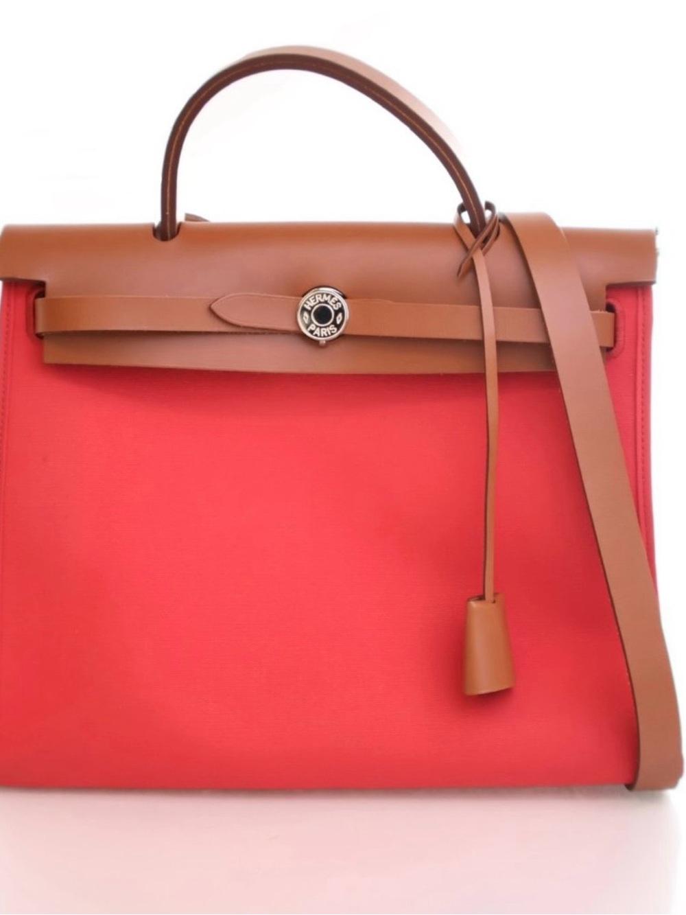 Hermes Red Canvas Satchel with Brown Leather Trim